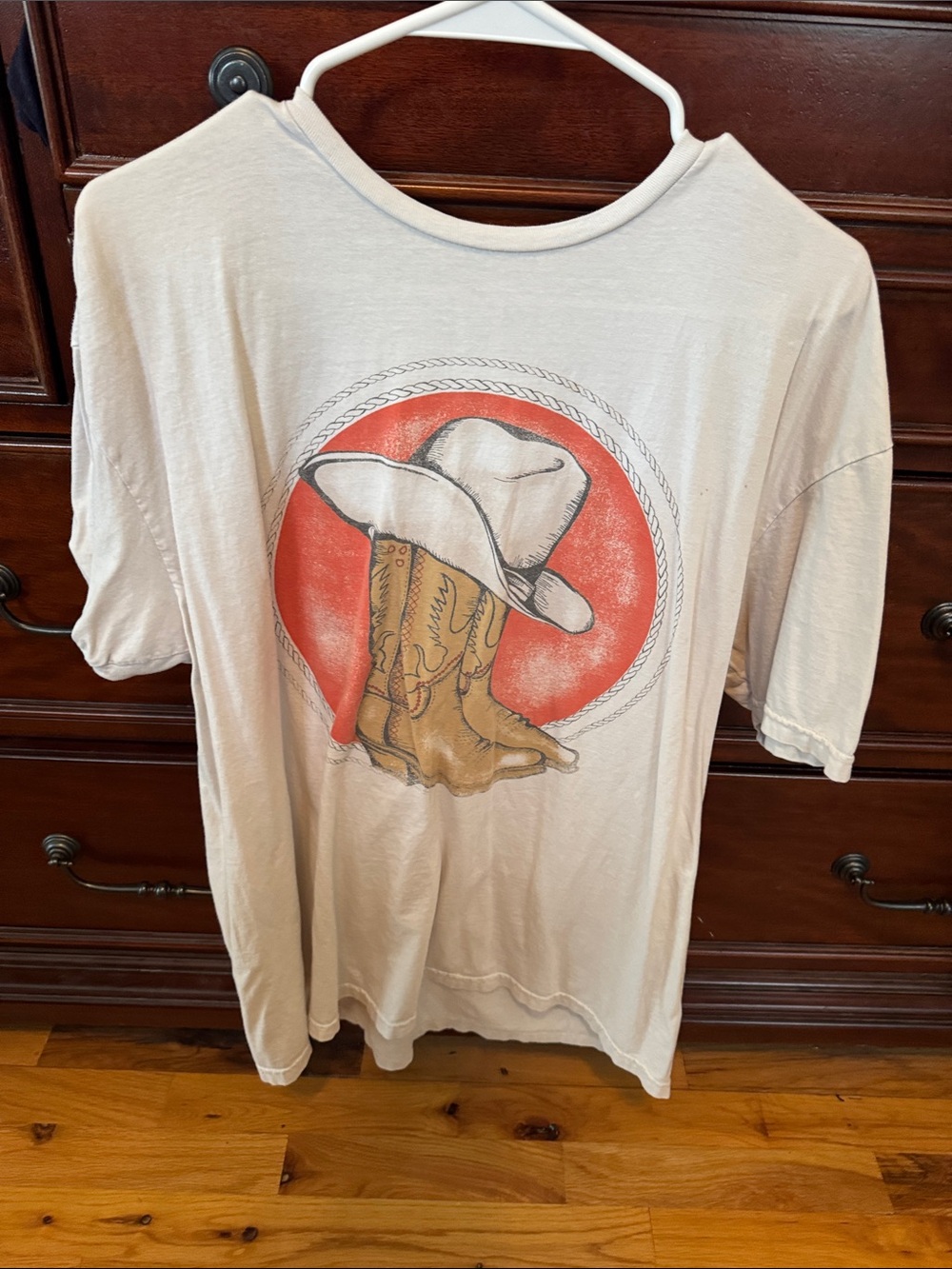 Project Social T Cream Short Sleeve Tee with Red Circle & Brown Cowboy Boots